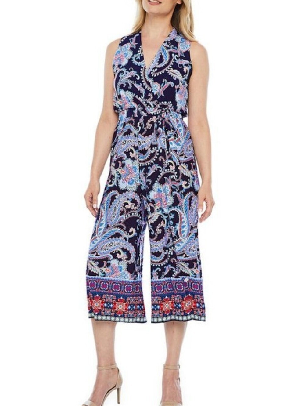 Sandra Darren,Sleeveless Navy Paisley Cropped Jumpsuit.Size S